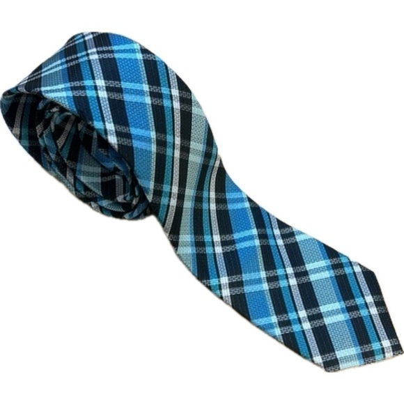 Karl Lagerfeld Silk Aqua Black White Check Pattern Tie - Picture 1 of 7